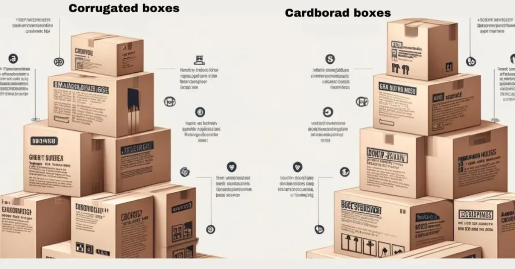 Infographic comparing corrugated boxes and cardboard boxes, highlighting differences in durability, protection, cost-effectiveness, and usage.