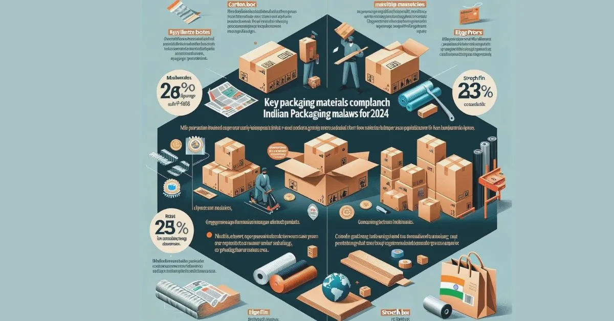 Infographic on packaging materials and compliance with Indian laws 2024: carton boxes, stretch film, edge protectors, and eco-friendly carry bags.